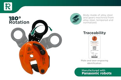 GORILA Vertical plate clamp articulated | 2200lbs/1 ton |Jaw opening 0.8 inch/20mm | Industrial and heavy duty steel plate clamp for lifting and transporting | Safety factor 4:1 | Since 1989 - size: 1t /2200lbs