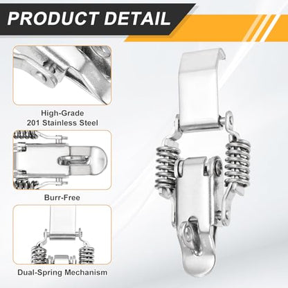 PATIKIL Stainless Steel Spring Loaded Toggle Latch with Long Hook, (S,Silver) (4 Pcs), Compression Double Spring Toolbox Toggle Hasp Clamp Lock with Screw for Cabinet Door Barn Wooden Case - size: Small