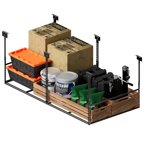 4x8 Ft Overhead Garage Storage Rack, 28-41 inch Height Adjustable Ceiling Mounted Organization Rack, 850 lbs Weight Capacity, 48"x96" Heavy Duty Space-Saving Metal Rack for Garage Storage - size: 4x8ft w/ 4 Support Bars