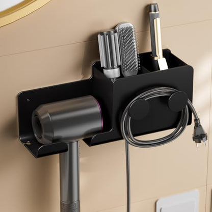 FEZHI Hair Dryer Holder,3-in-1 Hair Tool Organizer Heightened design with Plug&Cord Winding,Blow Dryer Holder Wall Mounted/Cabinet Door for Flat/Curling Irons Hair Straighteners (Black)