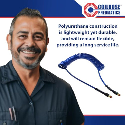 Coilhose Pneumatics PU14-25B-B Flexcoil Polyurethane Coiled Air Hose, 1/4-Inch ID, 25-Foot Length with (2) 1/4-Inch Reusable Strain Relief MPT Swivel Fittings, Dark Blue - color: Blue, size: 1/4" X 25 Feet
