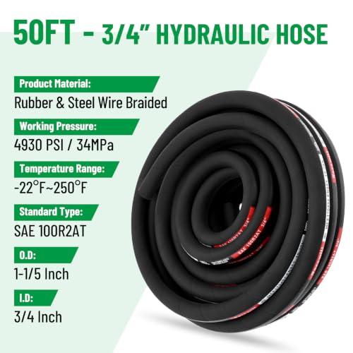 50FT 3/4" Hydraulic Hose with 12PCS Hydraulic Hose Fittings - size: 3/4" Hydraulic Hose - 50FT