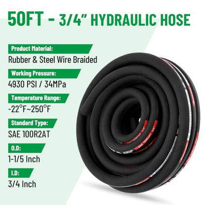 50FT 3/4" Hydraulic Hose with 12PCS Hydraulic Hose Fittings - size: 3/4" Hydraulic Hose - 50FT