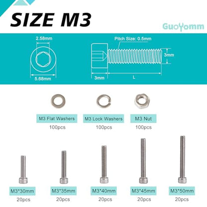 M3 Hex Socket Head Cap Screws Bolts Washers Nuts Assortment Kit - size: Socket M3x30/35/40/45/50 mm