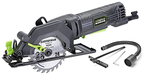 Genesis GCS445SE 4.0A 4-1/2-Inch Compact Circular Saw | 24T Carbide-Tipped Blade | 3,500 RPM | 45° Bevel | Depth Adjustment | Parallel Guide | Vacuum Adapter - style: Mini Circular Saw 4-1/2"