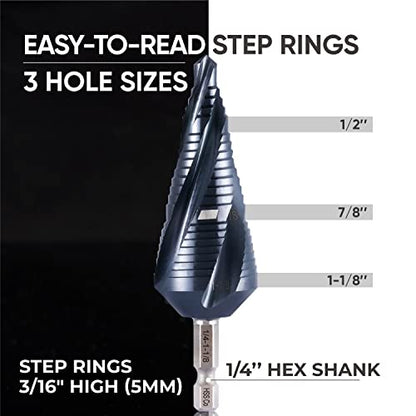 toolant M35 Cobalt Step Drill Bit, 1/4"-1-1/8", TiAlN, 1/4" Hex Shank - size: 1/4" - 1-1/8"