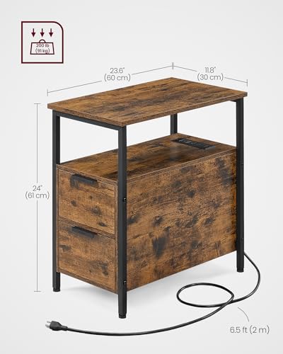 VASAGLE Side End Table with Charging Station, Slim Nightstand with Storage - color: Rustic Brown + Ink Black, size: 23.6"D x 11.8"W