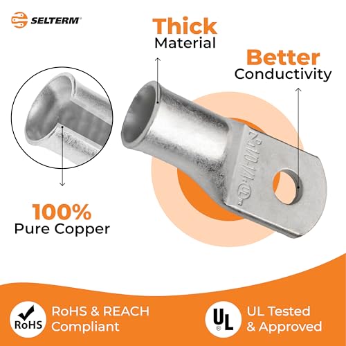 SELTERM 10pcs 1/0 AWG-1/4" Stud Marine Grade Tinned Copper Battery Lugs - color: Tinned Copper Lugs, size: 1/0 Awg - 1/4" (M6) Ring