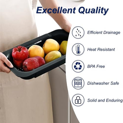 Extendable Sink Colander Strainer Basket - Wash Vegetables and Fruits, Drain Cooked Pasta and Dry Dishes - Adjustable Over the Sink Colander Collapsible Drainer Basket - Black - color: Black
