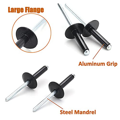 ISPINNER 100pcs 3/16" x 3/4" Large Flange Aluminum Blind Rivets, Pop Rivets Grip Grange 14-16mm (Black) - size: 3/16" x 3/4"