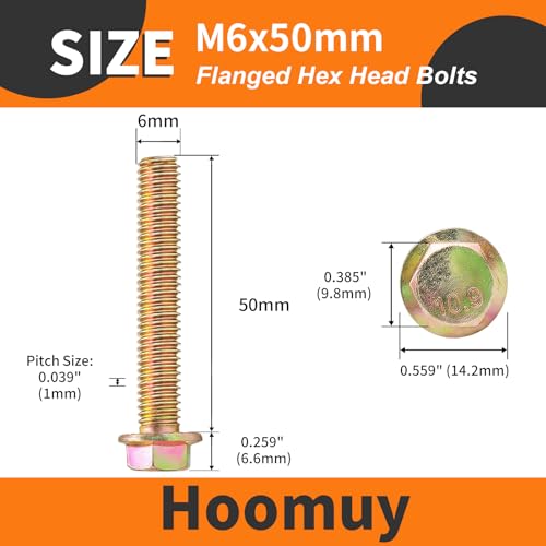 M6 x 50mm 12pcs Heavy Duty Flanged Hex Head Bolts, Flange Hexagon Head Screws, 10.9 Grade Alloy Steel, Yellow Zinc Plated, Metric Fully Thread - size: M6 x 50mm(12pcs)