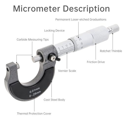 Outside Micrometer, Ratchet Stop, 0-25mm Range, 0.01mm Graduation, +/-0.004mm Accuracy, Precision Machinist Tool