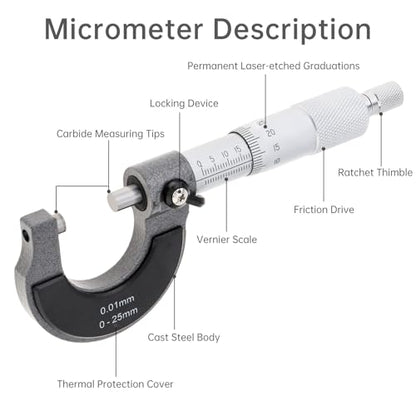 Outside Micrometer, Ratchet Stop, 0-25mm Range, 0.01mm Graduation, +/-0.004mm Accuracy, Precision Machinist Tool