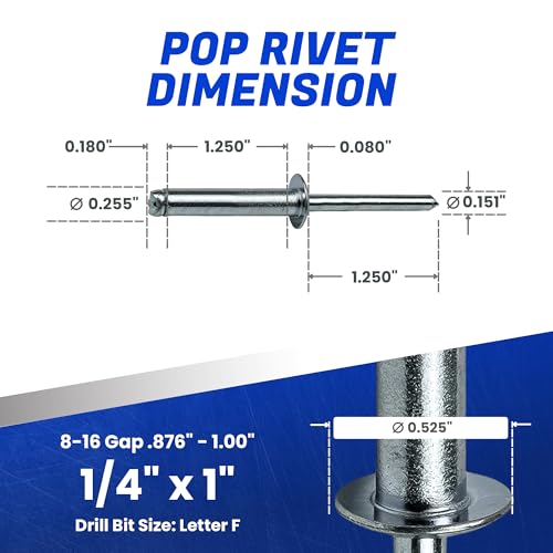 Fastenere Pop Rivets 1/4" x 1" (25 pcs) Aluminum Body Steel, Mandrel, Heavy Duty, Open End, Low Carbon, Dome Head Blind Rivets, Corrosion Resistant & High Shear Strength, 8-16 Gap .876" - 1.00" - size: 1/4" x 1" (8-16) (25 Pack)