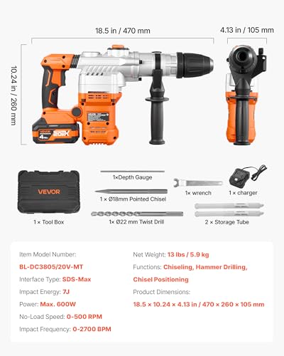 VEVOR Rotary Hammer Drill, 1-9/16 in SDS-Max Cordless, Heavy Duty 20V Battery Powered Rotary Hammer, Including 2 Batteries, Charger, Drill Bit, Pointed Chisel, Carrying Case, for Concrete, Masonry - size: 1-9/16 in