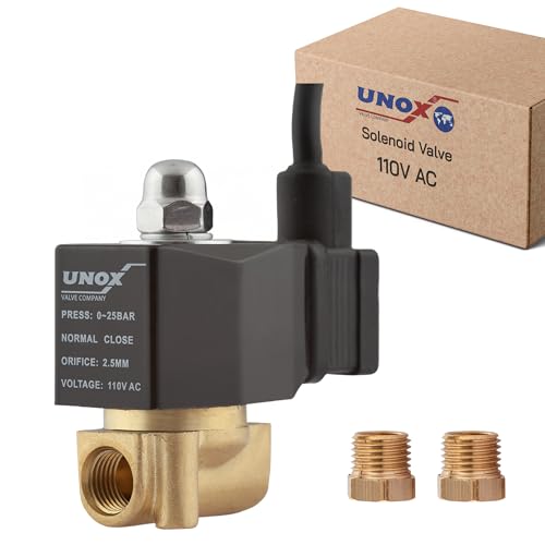 UNOX 1/4 Inch NPT Brass Electric Solenoid Valve 110V AC with 6 ft Cable, 3 Wire Connection, 1/8" Converter Included, Normally Closed, Pressure 0-363 PSI (0–25 bar), Water, Air