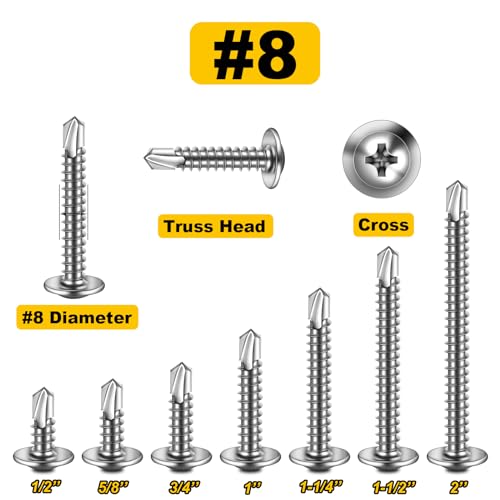 Mywish 100pcs #8×2" Self Tapping Screws for Metal, Sheet Metal Screw 410 Stainless Steel Truss Head Self Drilling Screws High-Strength Quick Tapping Screws - color: Silver, size: #8x2" (100 pcs)