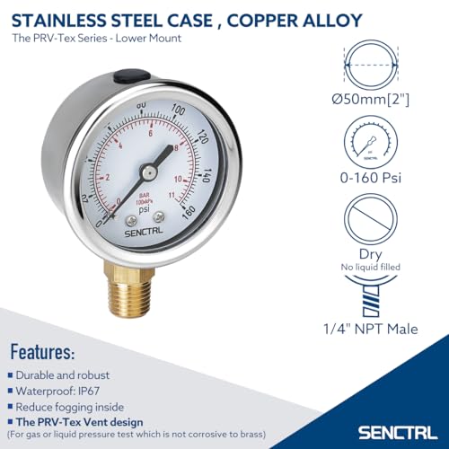 SENCTRL 0-160 Psi Pressure Gauge, 1/4" NPT Lower Mount - size: 0-160Psi, style: Lower Mount