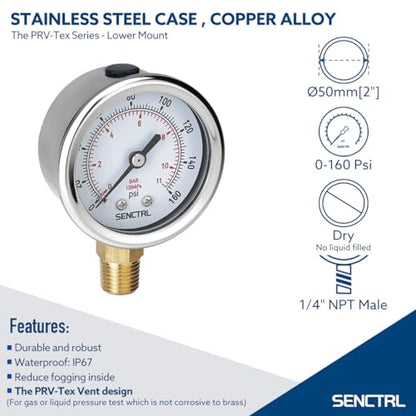 SENCTRL 0-160 Psi Pressure Gauge, 1/4" NPT Lower Mount - size: 0-160Psi, style: Lower Mount