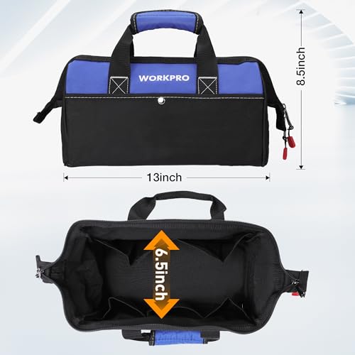 WORKPRO 13-inch Tool Bag, Wide Mouth Tool Tote with Inside Pockets - color: Blue