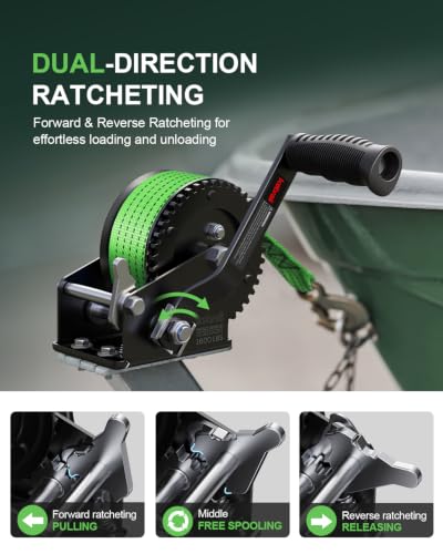Kolvoii 1600 lb Boat Trailer Winch, 26 ft Strap, 4.1:1, Green - size: 1600 lb - Green Strap