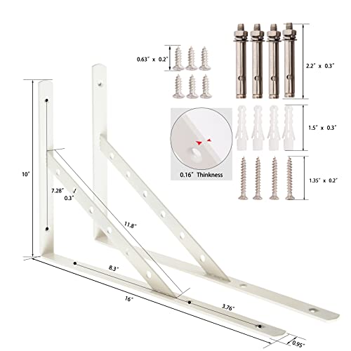 Shelf Brackets 16 Inch, Heavy Duty 90 Degree Floating Wall Shelves Brackets Triangle Shelf Brackets, Solid Stainless Steel Decorative Angle Brackets, 2-Pack (White) - size: L16 IN (Solid-White)