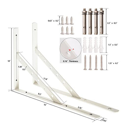 Shelf Brackets 16 Inch, Heavy Duty 90 Degree Floating Wall Shelves Brackets Triangle Shelf Brackets, Solid Stainless Steel Decorative Angle Brackets, 2-Pack (White) - size: L16 IN (Solid-White)