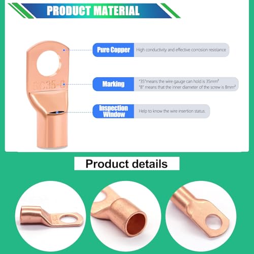 Twidec/180PCS Battery Cable Ends AWG 2 4 6 8 10 12 14 16 Gauge Copper Cable Wire Lugs,Ring Terminals Connectors,Copper Ring Terminals Connectors with Heat Shrink and Hammer Lug Crimper Tool - color: 181PCS