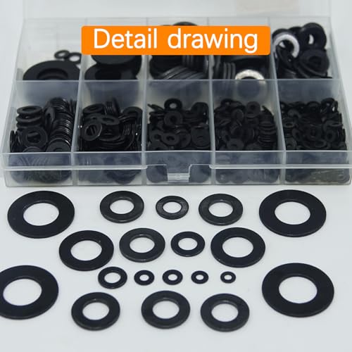 1100Pcs 9 Sizes M2-M12 Black Flat Washers for Screws & Bolts - color: Black-M2/2.5/3/4/5/6/8/10/12-1100Pcs