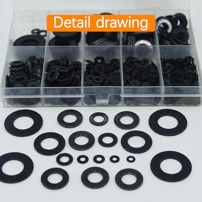 1100Pcs 9 Sizes M2-M12 Black Flat Washers for Screws & Bolts - color: Black-M2/2.5/3/4/5/6/8/10/12-1100Pcs