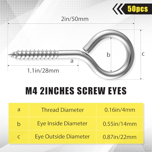 50 Pcs 304 Stainless Steel Screw Eye Hooks, M4-2 Inch - size: M4-2 Inch