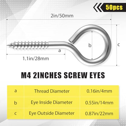 50 Pcs 304 Stainless Steel Screw Eye Hooks, M4-2 Inch - size: M4-2 Inch