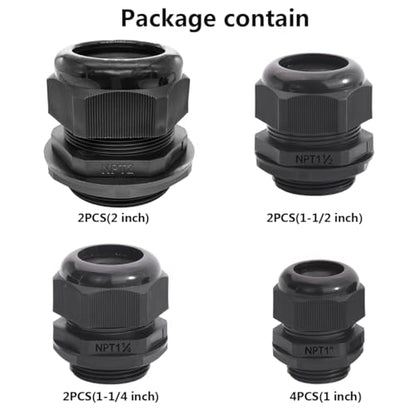 PENGLIN 10PCS NPT Gland Nylon Cable Connector 1-1/4", 1-1/2'', 1'',2'' - color: Black, size: Glands Combo (10Pack)