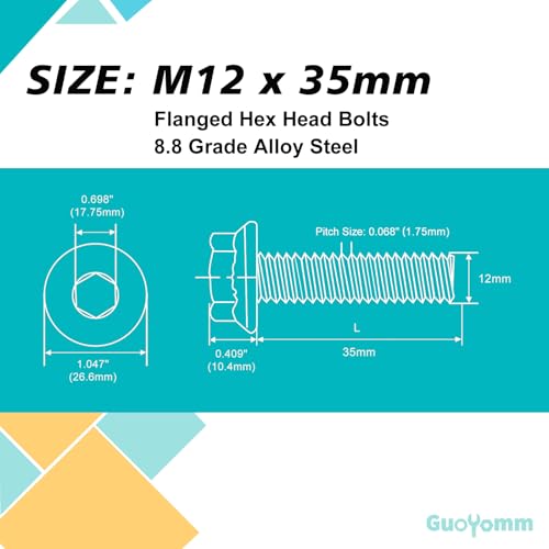 M12 x 35mm 6pcs Flanged Hex Head Bolts, M12 x 1.75 Bolts, Flange Hexagon Head Screws, 8.8 Grade Alloy Steel, Yellow Zinc Plated, Metric Fully Thread - size: M12 x 35mm(6PCS)