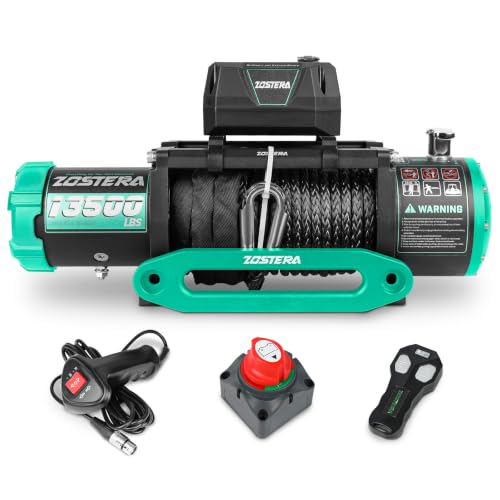 13500LB Winch Waterproof Electric Black Synthetic Rope 12V Winch, with 1 Wireless Remote & Wired Manual Switch,Manual Power Switch and Handle Extension Cable,Cyan Hawse Fairlead and Hook - color: Cyan, size: 13500LBS-N