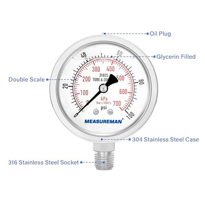 MEASUREMAN Pressure Gauge 1/4 NPT, 0-100psi/kPa Fully Stainless Steel Hydraulic Glycerin Filled Pressure Gauge with 2.5 Inch Dial Size (0-100 psi, Lower Mount - 100% Stainless Steel) - size: 0-100 psi, style: Lower Mount(100% Stainless Steel)
