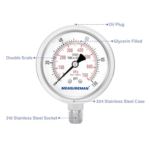 MEASUREMAN Pressure Gauge 1/4 NPT, 0-100psi/kPa Fully Stainless Steel Hydraulic Glycerin Filled Pressure Gauge with 2.5 Inch Dial Size (0-100 psi, Lower Mount - 100% Stainless Steel) - size: 0-100 psi, style: Lower Mount(100% Stainless Steel)