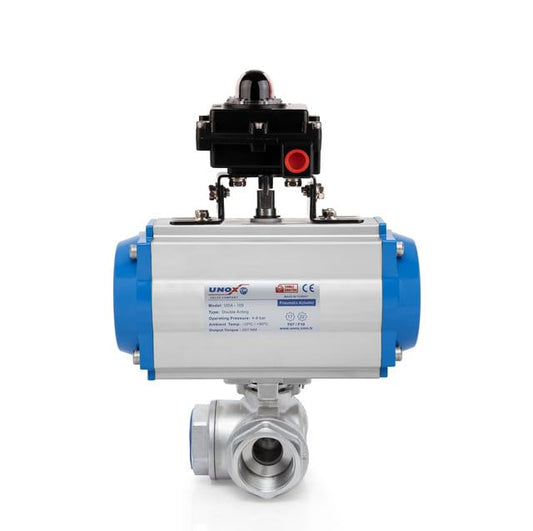 UNOX 1-1/4" Double Acting Pneumatic Actuated T Port 3 Way Ball Valve, SS304 Stainless Steel, Threaded NPT With Ex-Proof Limit Switch Box, Industrial Use - color: With Ex-Proof Limit Switch Box, size: 1 1/4"