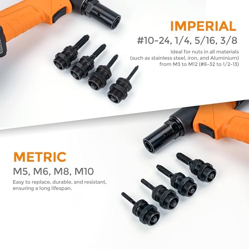 Heavy Duty Air Hydraulic Rivet Nut Tool with reversible button, HPS6312F Pneumatic Riveter Automatic Rivet Nut Gun Tool Setting Kit Come with 8 Size Metric and SAE Nose-Piece Assembly - style: Air Hydraulic Rivet Nut Tool with reversible button HPS6312