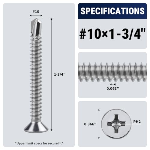 #10 x 1-3/4" Phillips Flat Head Sheet Metal Screws, Stainless Steel 410 Self Drilling Screws for Metal, Countersunk Head, Phillips Drive, Self Tapping, 50 Pack - size: #10 x 1-3/4"