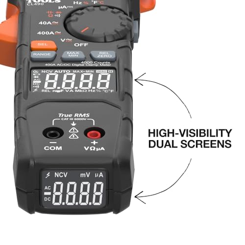 Klein Tools CL490 AC/DC Digital Clamp Meter with TRMS, Dual Display, Auto-Ranging, Current, Voltage, Resistance, Continuity, NCVT Detection, and Reverse Contrast LCD - size: Dual Display