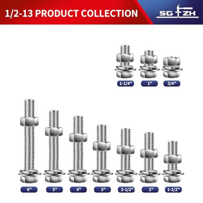 1/2-13 x 5 Hex Head Screw Bolt, Nuts, Flat & Lock Washers, 20Pcs 18-8 (304) Stainless Steel, Fully Threaded, by SG TZH - size: 1/2-13 x 5"