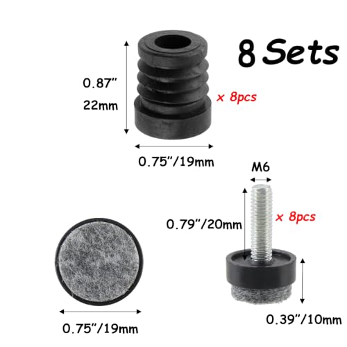 Antrader 8Pcs Inserts for Round Tubes with Felt Leveling Feet - size: 0.75"(19mm)x M6
