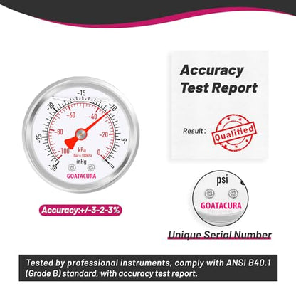 -30inHg/kpa-0 Glycerin Filled Vacuum Pressure Gauge, 2" Dial Size, 304 Stainless Steel Case, 1/4" NPT Center Back Mount, with High Accuracy - size: -30inHg-0, style: Back Mount