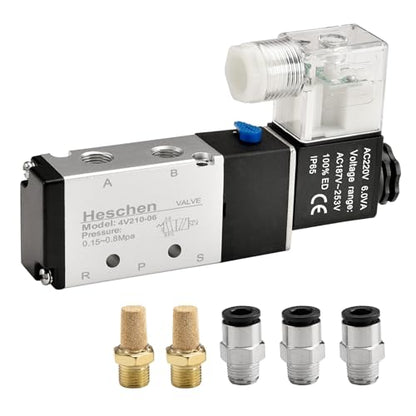 Heschen Electric Pneumatic Air Control Valve, Solenoid Control Valve 4V210-06 220VAC PT1/8 5 Way 2 Position Single Coil Electric Driven CE with Fittings and Muffler