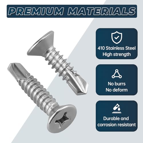 Glvaner 50pcs #10 x 1-1/2" Phillips Flat Head Self Drilling Screws, Stainless Steel 410, Flat Head Self Quick Self Tapping Screws for Sheet Metal Wood Plastic, Without Pre-drilled Holes - size: #10 x 1-1/2