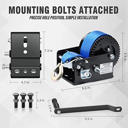 Boat Trailer Winch Hand Winch 3500lbs Heavy Duty Hook with 33ft (10m) Polyester Strap Hand Crank Winch, Two Way Ratchet Boat Winch for Trailer Truck ATV Boat (Pack of 2) - size: 3500lbs with Blue Polyester Strap (Pack of 2)