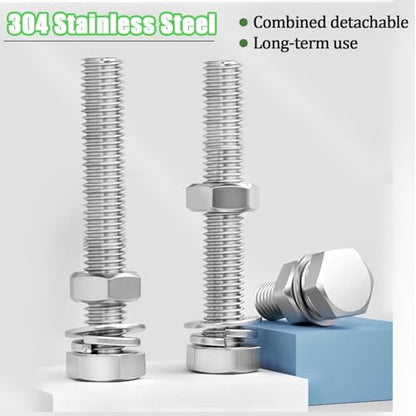 4 Sets 3/8-16 x 4 Stainless Steel Hex Head Screws Bolts, Nuts, Flat & Lock Washers,18-8(304) Full Thread - color: Silver-hex, size: 3/8-16×4"(4 sets)