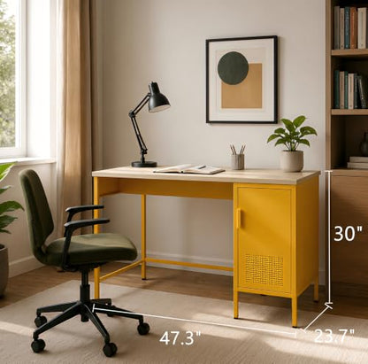 Wood Top Side Cabinet with 2-Tier Metal Storage Cabinet & Locker, Study Desk with Legs, Easy Assembly, Holds Books, Laptops & Everyday Essentials for Home, Office Yellow - color: Mustard, style: Cabinet-30"H-BY