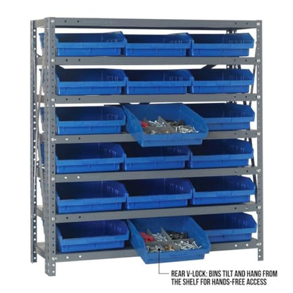 Quantum Storage Systems 1239-109BL Steel Shelving Unit with 4" Shelf Bins, 12" D x 36" W x 39" H, Blue - size: 39" H x 36" W x 12" D, style: 12" L x 12" W x 4" H 18 Economy Blue Bins